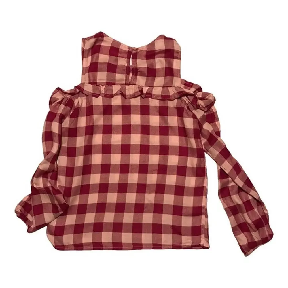 Western Gingham Plaid Cold Shoulder Long Sleeve Blouse Pink Girls Size 14